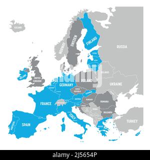 Mappa dell'Eurozona. Stati che utilizzano la valuta euro. Mappa vettoriale grigia con paesi membri evidenziati in blu e stati membri dell'UE in grigio scuro Illustrazione Vettoriale