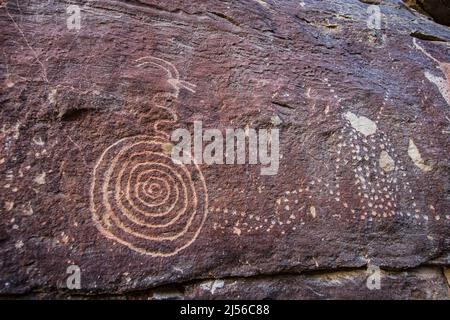 Un pannello di petroglifi di serpente cornuto nel Nine Mile Canyon dello Utah, raffigurante un serpente cornuto sulla sommità di una spirale. Nine Mile Canyon contiene migliaia di Frem Foto Stock