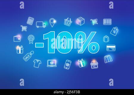 Colorful neon glowing - 10% di sconto vendita tag appeso su sfondo blu. Varie icone per lo shopping. Concetto di shopping online Foto Stock