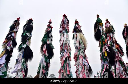 Guwahati, Guwahati, India. 20th Apr 2022. Popolo della tribù Sarania kachari che ha preso una processione come parte di Bah-Gohain Utsav a Bagan Para nel distretto di Baksa, Assam India, mercoledì 20th aprile 2022. Sarania kachari tribù di Assam India festeggia il Bah-Gohain Utsav per proteggere la gente dalla varicella e per una buona stagione di coltivazione (Credit Image: © Dasarath Deka/ZUMA Press Wire) Foto Stock