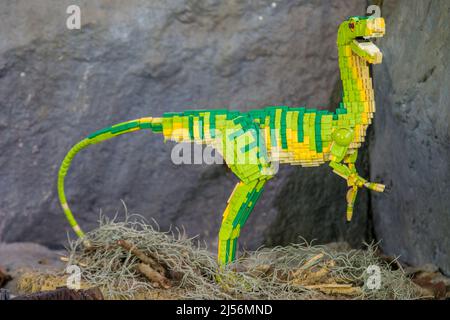 Singapore Apr 10th 2022: The LEGO Made dinosaur Compsognathus nello Zoo di Singapore. Un genere di dinosauro a teropodi carnivori, bipedali, piccoli, Foto Stock