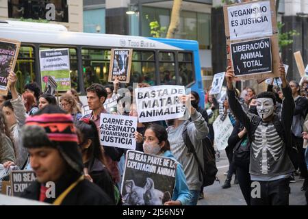 Buenos Aires, Argentina; 1 novembre 2021: Giornata mondiale del Vegan. Persone che marciavano con segni animalisti: Smetta di uccidere animali. Liber animale totale Foto Stock