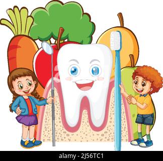 I bambini sono felici di tenere lo spazzolino e lo specchio dentistico con illustrazione del cibo Illustrazione Vettoriale