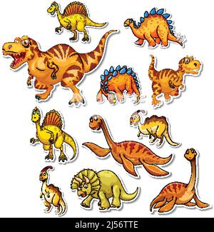 Set di adesivi di diversi dinosauri cartoni animati Illustrazione Vettoriale