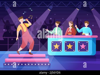 Talent Show con i concorrenti che mostrano la loro abilità sul palco o Podium di fronte ai giudici che li giudica in Cartoon Illustration Illustrazione Vettoriale