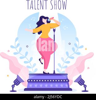 Talent Show con i concorrenti che mostrano la loro abilità sul palco o Podium di fronte ai giudici che li giudica in Cartoon Illustration Illustrazione Vettoriale