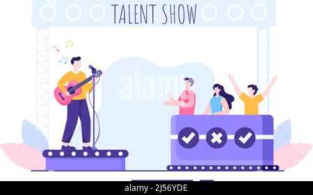 Talent Show con i concorrenti che mostrano la loro abilità sul palco o Podium di fronte ai giudici che li giudica in Cartoon Illustration Illustrazione Vettoriale