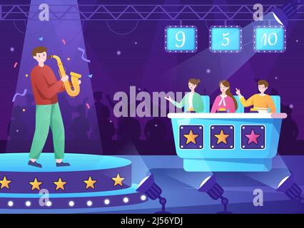 Talent Show con i concorrenti che mostrano la loro abilità sul palco o Podium di fronte ai giudici che li giudica in Cartoon Illustration Illustrazione Vettoriale