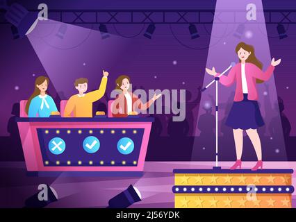 Talent Show con i concorrenti che mostrano la loro abilità sul palco o Podium di fronte ai giudici che li giudica in Cartoon Illustration Illustrazione Vettoriale