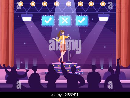 Talent Show con i concorrenti che mostrano la loro abilità sul palco o Podium di fronte ai giudici che li giudica in Cartoon Illustration Illustrazione Vettoriale