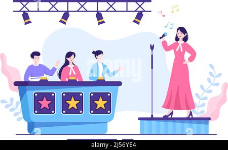 Talent Show con i concorrenti che mostrano la loro abilità sul palco o Podium di fronte ai giudici che li giudica in Cartoon Illustration Illustrazione Vettoriale