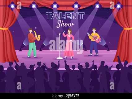 Talent Show con i concorrenti che mostrano la loro abilità sul palco o Podium di fronte ai giudici che li giudica in Cartoon Illustration Illustrazione Vettoriale