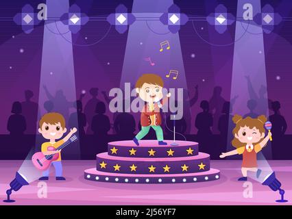 Talent Show con i concorrenti che mostrano la loro abilità sul palco o Podium di fronte ai giudici che li giudica in Cart Cartoon Illustration Illustrazione Vettoriale