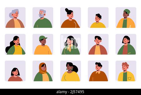 Avatar di persone diverse per il profilo dei social media. Illustrazione vettoriale piatta di volti di uomini e donne, anziani, bambini e personaggi adulti ritratti in cornice quadrata Illustrazione Vettoriale