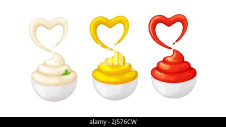 Maionese, senape, ketchup in ciotole con cuore splash.Cartoon illustrazione Illustrazione Vettoriale