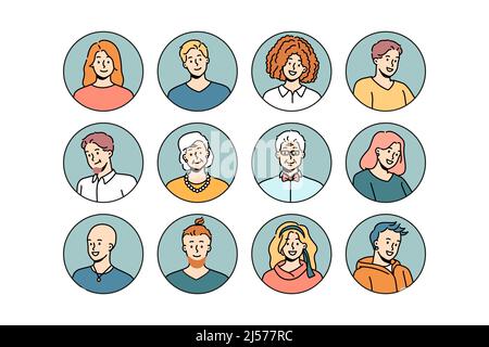 Set di avatar headshot di persone di diverse età e generi. Ritratti di testa di uomini e donne volti. Raccolta di giovani e di persone di vecchia generazione. Diversità. Illustrazione vettoriale. Illustrazione Vettoriale