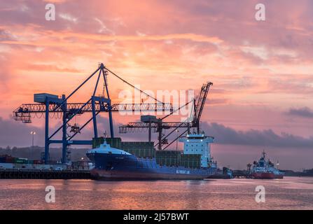 Tivoli, Cork, Irlanda. 21st aprile 2022 come Dawn rompe container nave BG Ruby scarica un carico da Rotterdam, mentre la petroliera Marianne scarica il suo carico di gas liquido a Tivoli Docks a Cork, Irlanda. - Credit; David Creedon / Alamy Live News Foto Stock