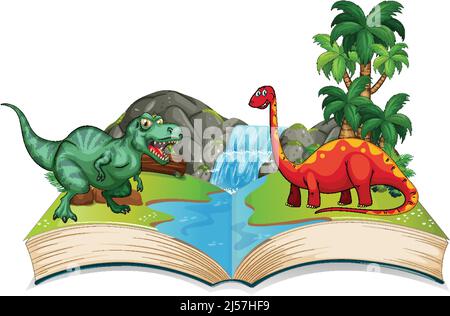 Libro aperto con vari dinosauri cartoon illustrazione Illustrazione Vettoriale