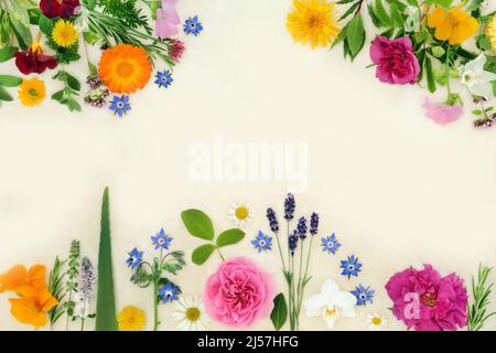Fiori curativi ed erbe per i rimedi di piante di erbe, condimento e decorazione di cibo. Concetto di assistenza sanitaria su sfondo naturale di carta di canapa. Foto Stock