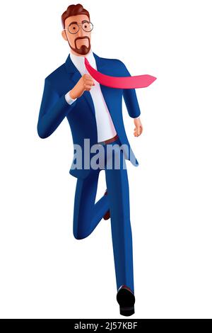 Uomo d'affari che corre veloce con una cravatta ondeggiante. In ritardo di business persona che si affretta ad arrivare in tempo. 3d illustrazione dei caratteri di stile di rendering Foto Stock