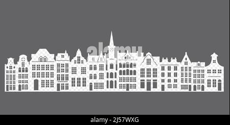 Cornice con una silhouette ritagliata di una vecchia città europea. Case olandesi di Amsterdam. Illustrazione dello stencil vettoriale. Illustrazione Vettoriale