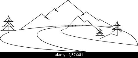 Paesaggio di montagna con fiume e abeti. Disegno minimalista a linea singola continua. Grafica da viaggio. Illustrazione vettoriale. Nero su bianco Illustrazione Vettoriale