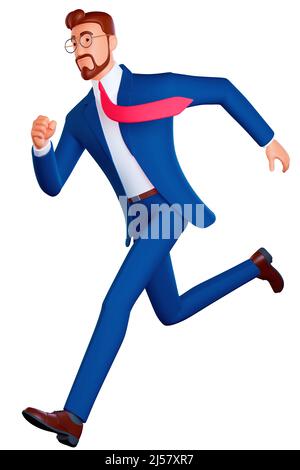 Uomo d'affari che corre veloce con una cravatta ondeggiante. In ritardo di business persona che si affretta ad arrivare in tempo. 3d illustrazione dei caratteri di stile di rendering Foto Stock