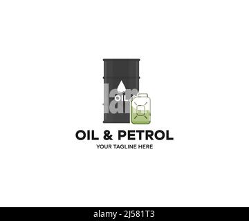 Contenitore per fusti d'olio, logo del contenitore in metallo per benzina. Disegno e illustrazione vettoriale dell'industria della benzina. Illustrazione Vettoriale