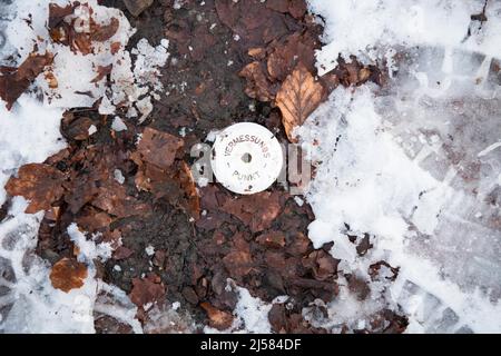 Vermessungspunkt, auf Waldweg im Winter, Velbert, Deutschland Foto Stock