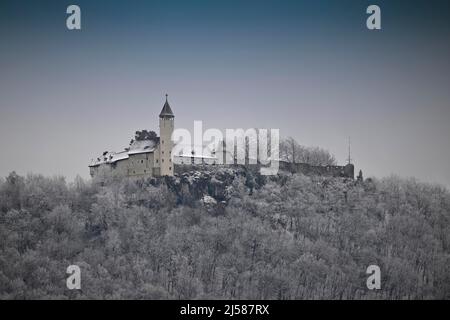 Burg Teck im Winter, Schnee, Kirchheim unter Teck, Baden-Wuerttemberg, Germania Foto Stock