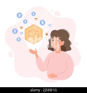 Concetto di token NFT - donna che detiene token non fungibile. Icone di valuta e icone emoji diverse. Illusrazione vettoriale in stile cartoon piatto Illustrazione Vettoriale