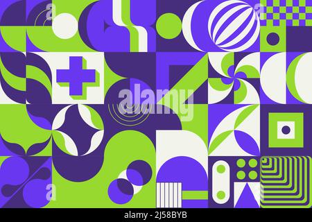 Grafica vettoriale neo-Geo ispirata al design estetico astratto modernista. Collage moderno geometrico per poster, copertina, arte, presentazione Illustrazione Vettoriale