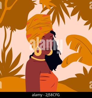 Donna africana moderna con turbante e gioielli etnici tra alberi e piante d'Africa Illustrazione Vettoriale