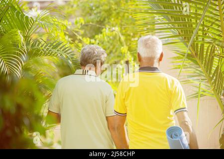 Vista posteriore ripresa di persone anziane con tappetino yoga nel parco - uomini anziani sani con tappetino fitness - amici anziani gioiosi che camminano in giardino durante la mattina Foto Stock