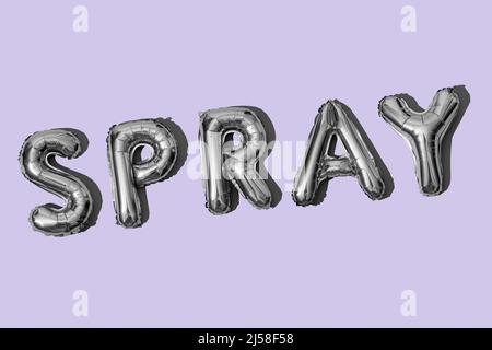 alcuni palloncini a forma di lettera color argento che formano la parola spruzzano su uno sfondo viola Foto Stock