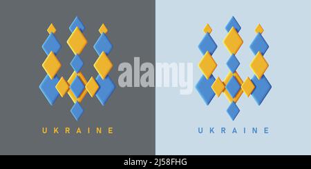 Simbolo stilizzato del tridente ucraino, nazionale. Emblema creato da diamanti poligonali di colore blu e giallo Illustrazione Vettoriale