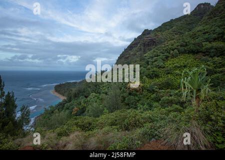 Guardando indietro verso Ke-e Beach nel Ha'ena state Park dal Kalalau Trail nel Na Pali Coast state Park a Kauai, Hawaii. Foto Stock