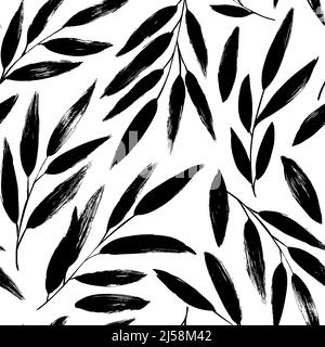 Disegno a mano nero foglie vettoriali motivo senza giunture. Illustrazione Vettoriale