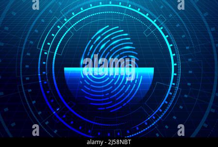 Scanner per impronte digitali. Sicurezza informatica, concetto di identificazione della tecnologia. Background tecnologico futuristico. Illustrazione vettoriale. Illustrazione Vettoriale