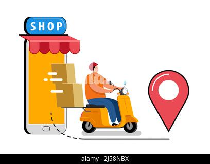 Concetto di servizio di consegna online, consegna a casa o in ufficio. Corriere, uomo di consegna guida scooter consegna pacchetto Illustrazione Vettoriale
