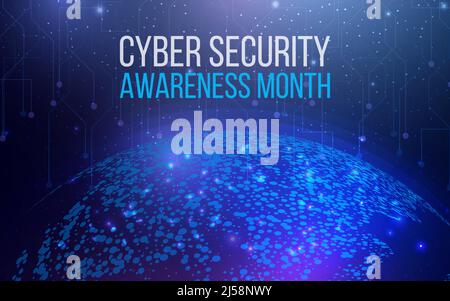 National Cyber Security Awareness Month. Sicurezza informatica, concetto di protezione mondiale con mappa del globo. Illustrazione vettoriale astratta futuristica. Illustrazione Vettoriale