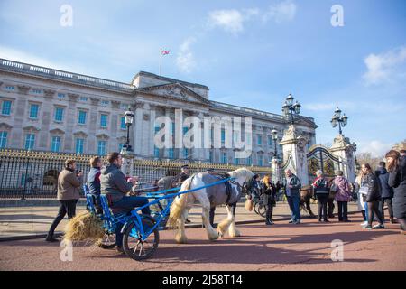 Le persone si riuniscono fuori da Buckingham Palace nel centro di Londra prima del giorno di adesione. Foto Stock