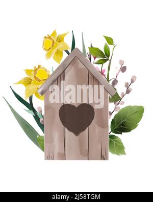 Acquerello Clipart di pasqua, elementi di pasqua isolati, clipart di primavera, acquerello foglie set, birdhouse, willow, pianta rami disegno a mano illustrazione Foto Stock