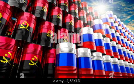 Barili di petrolio con bandiere di Russia e Angola - illustrazione 3D Foto Stock