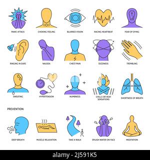 Collection icone disturbo panico in stile linea colorata. Illustrazione vettoriale. Illustrazione Vettoriale