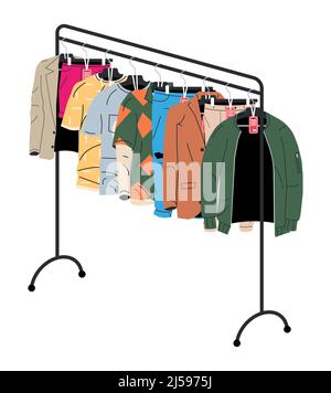 Abbigliamento uomo e donna su appendiabiti da negozio Illustrazione Vettoriale