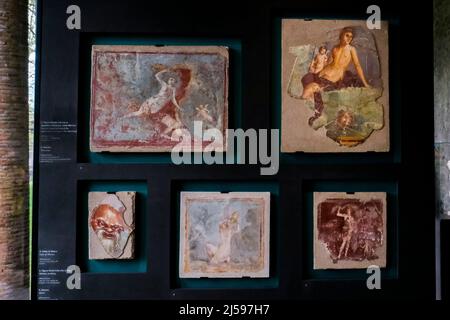 La mostra 'Arte e sensualità nelle case di Pompei' 70 opere in mostra, tutte dai magazzini del Parco Archeologico di Pompei, inaugurata oggi 21 aprile 2022 all'interno della grande palestra Foto Stock