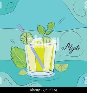 Schizzo di un cocktail mojito con foglie di limone e menta Tropical cocktail Vector Illustrazione Vettoriale