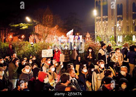 Tbilisi, Georgia - 1st marzo, 2022: : il popolo georgiano si schiera per il popolo ucraino contro l'attacco e l'invasione delle truppe russe sull'Ucraina. Fermare la guerra. Foto Stock