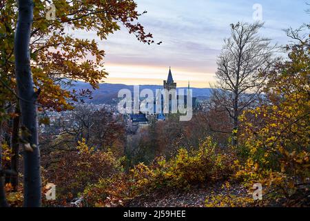 Tramonto al Castello di Wernigerode nei Monti Harz Foto Stock